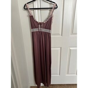 Vintage 70s/80s Cocoa Brown Maxi Nightgown Slip Dress | Blue‎ Floral Accents M